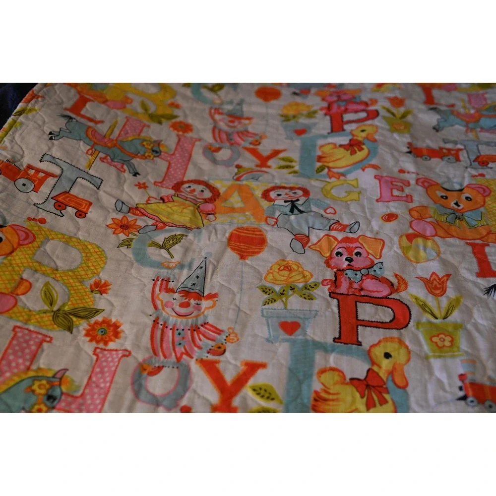 Vintage ABC Raggedy Ann Baby Blanket Quilt White Pink 49x44 Nursery Bedding